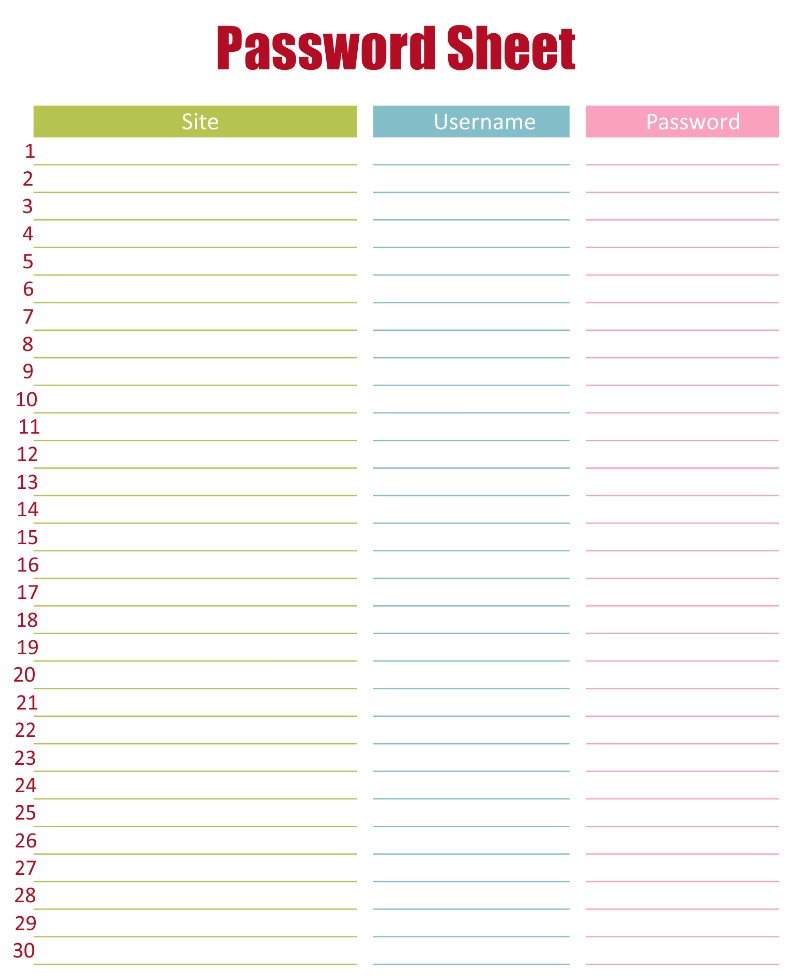 Free Printable Template for Passwords