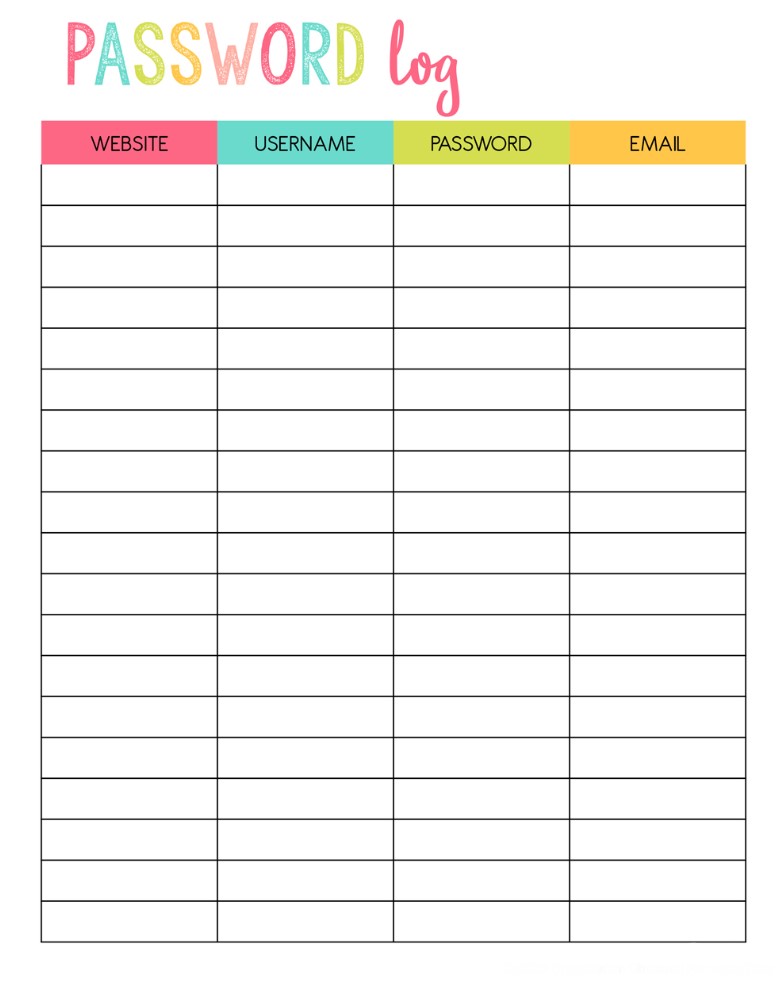 Printable Template for Passwords