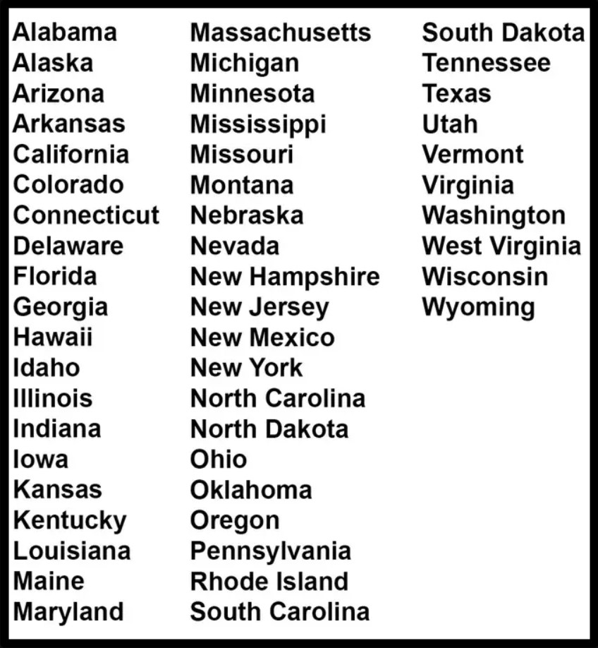 Printable List Of 50 States Free