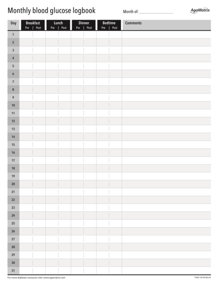 Blood Sugar Log Sheet Printable Free