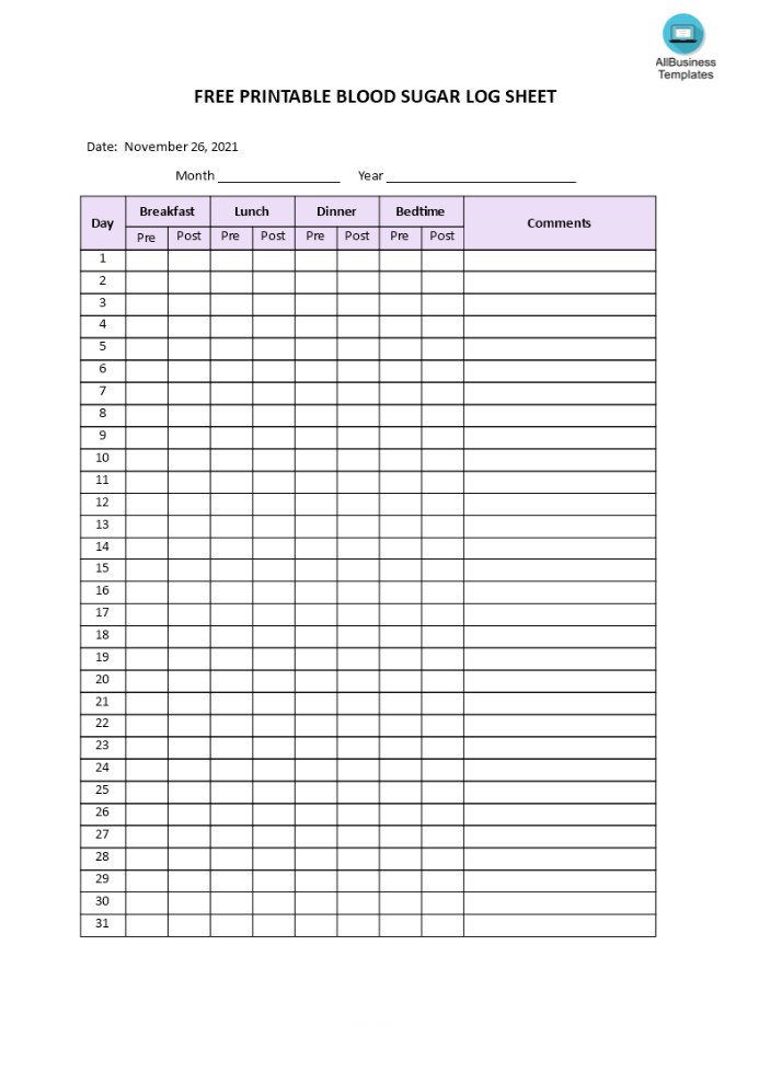 Printable Blood Sugar Log Sheet Free