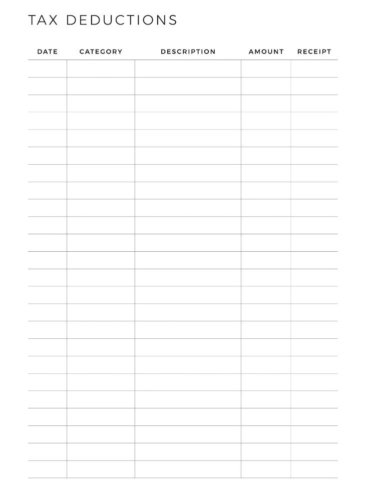 Printable Sheets for Tax Deductions
