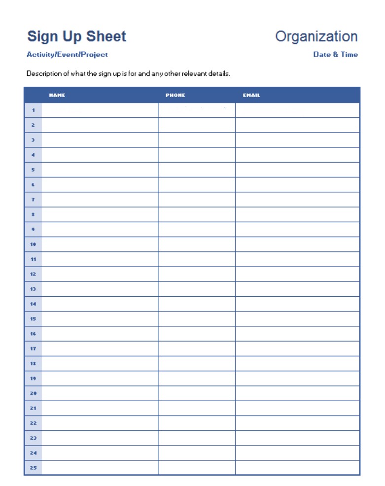 Free Printable Template Sign Up