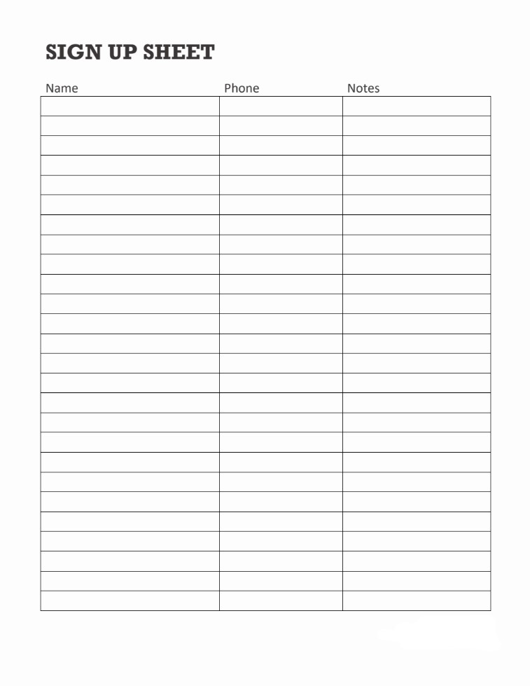 Printable Template Sign Up Free
