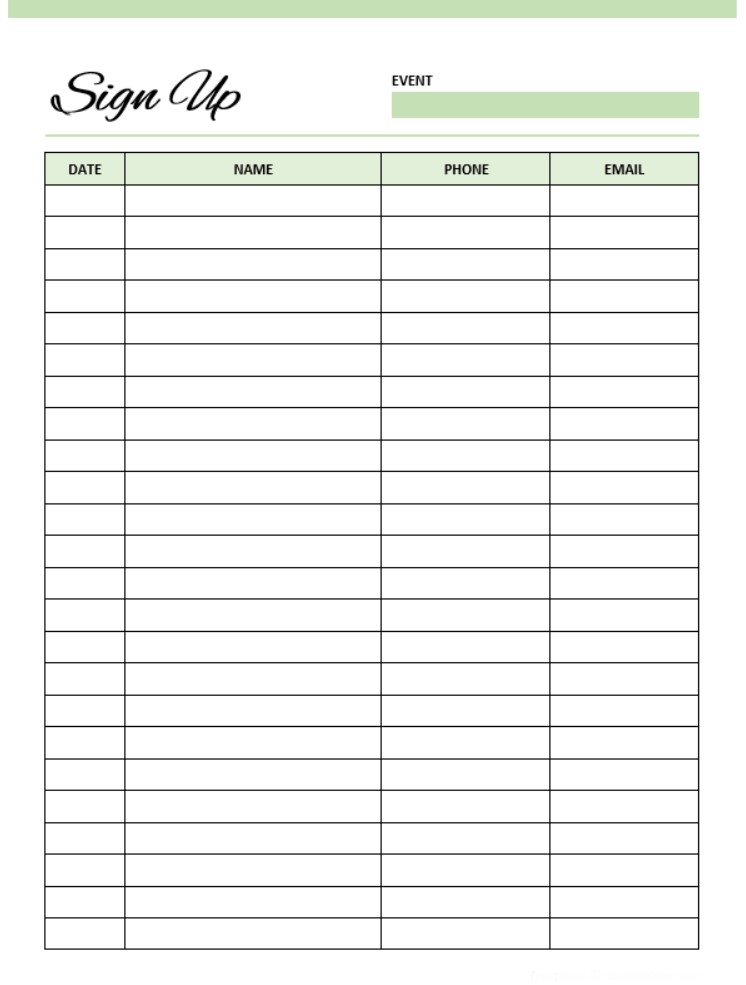 Printable Template Sign Up