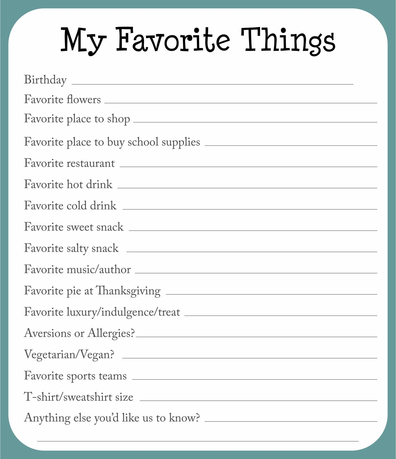 Printable Favorite Things Template