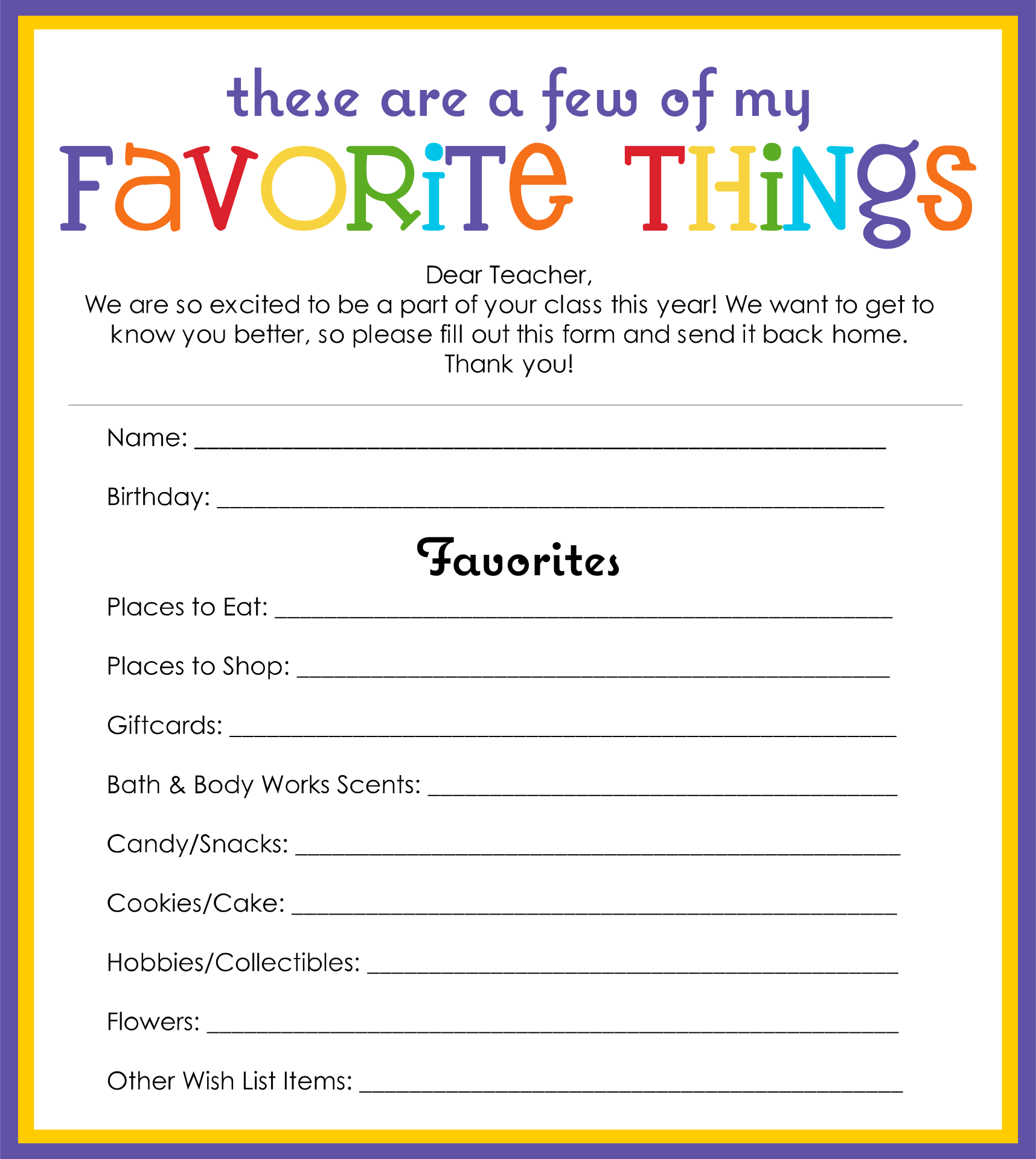 Template My Favorite Things List Free Printable