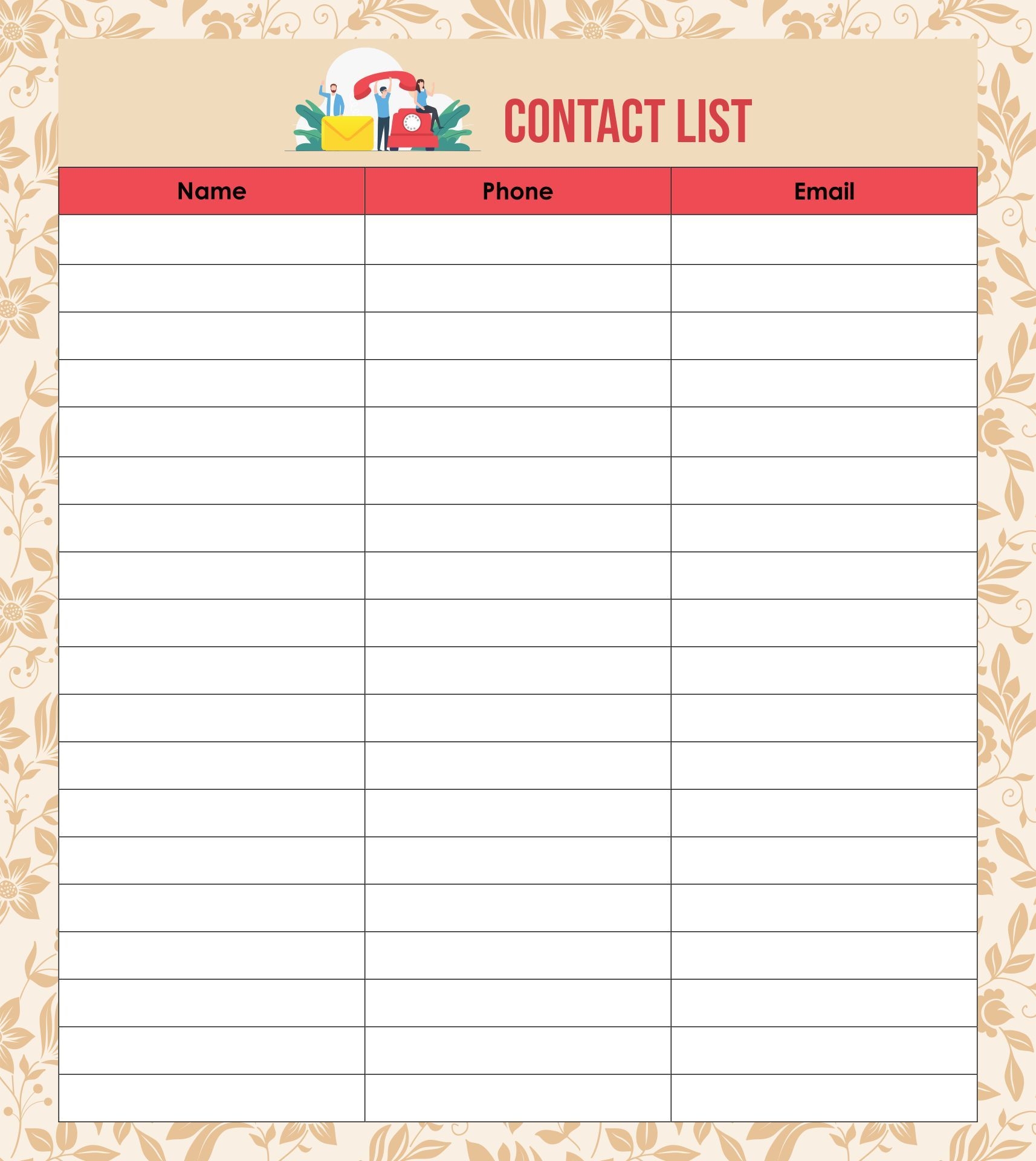 Printable Cute Contact List Template