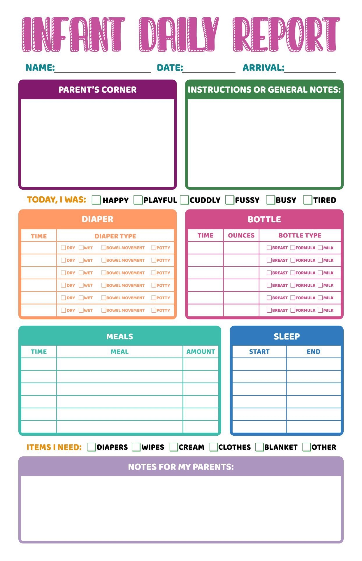 Printable Infant Daily Report Template