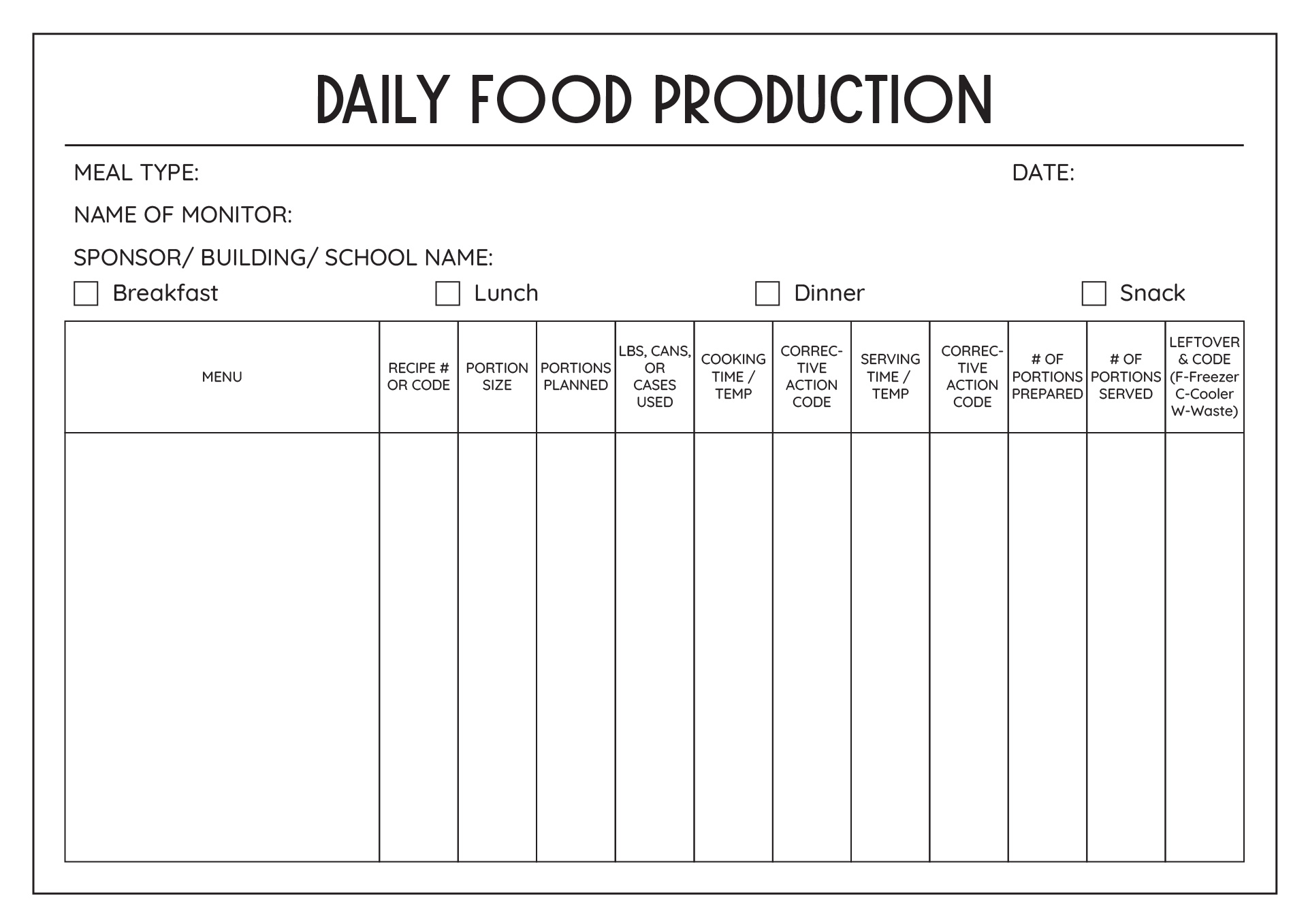 Printable Food Production Sheet Template