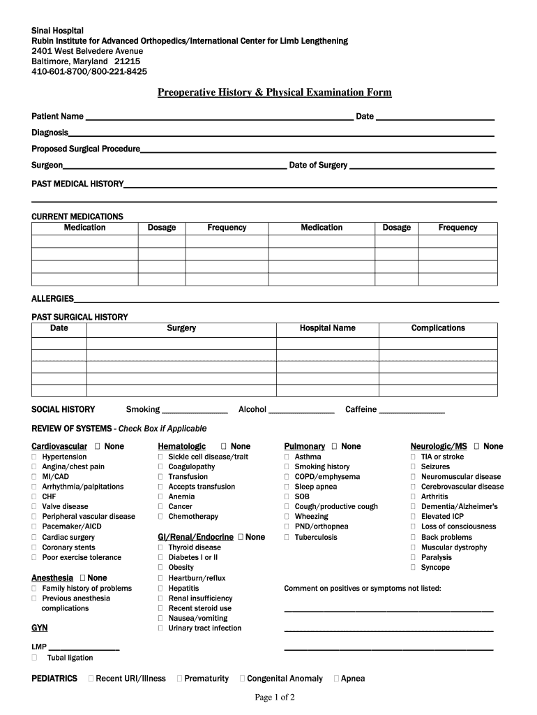 2010 Form Sinai Hospital PRE OP H P EXAM Fill Online Printable Fillable Blank PdfFiller