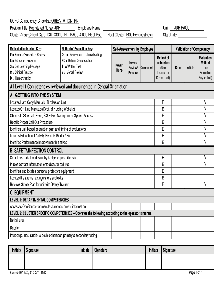 2012 2024 Form UCHC Competency Checklist Fill Online Printable Fillable Blank PdfFiller