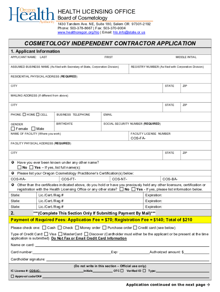 2021 2024 Form OR Cosmetology Independent Contractor Application Fill Online Printable Fillable Blank PdfFiller