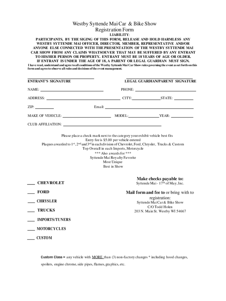 2022 2024 WI Westby Syttende Mai Car Bike Show Registration Form Fill Online Printable Fillable Blank PdfFiller