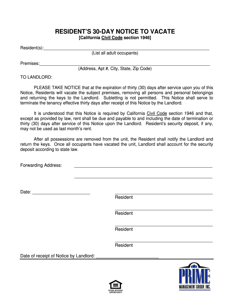 Printable 30 Day Notice To Landlord Template