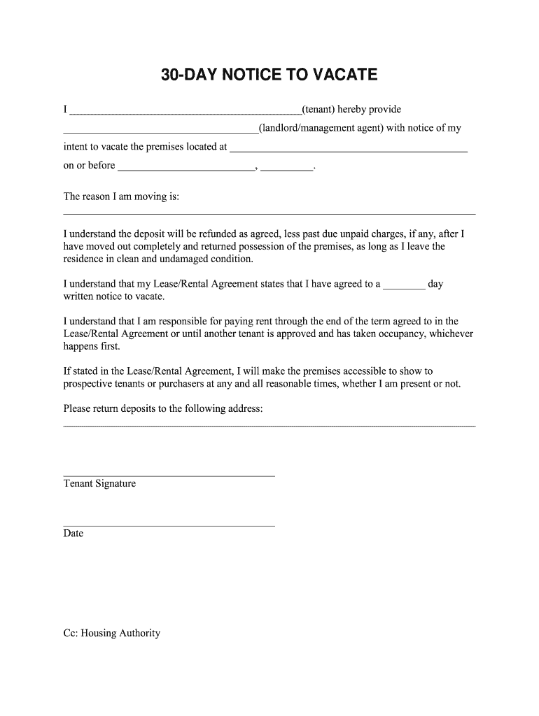30 Day Notice To Vacate Template Fill Online Printable Fillable Blank PdfFiller