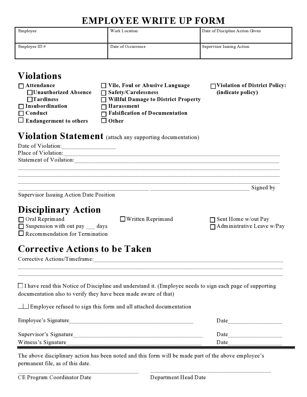 Printable Employee Written Warning Template Free
