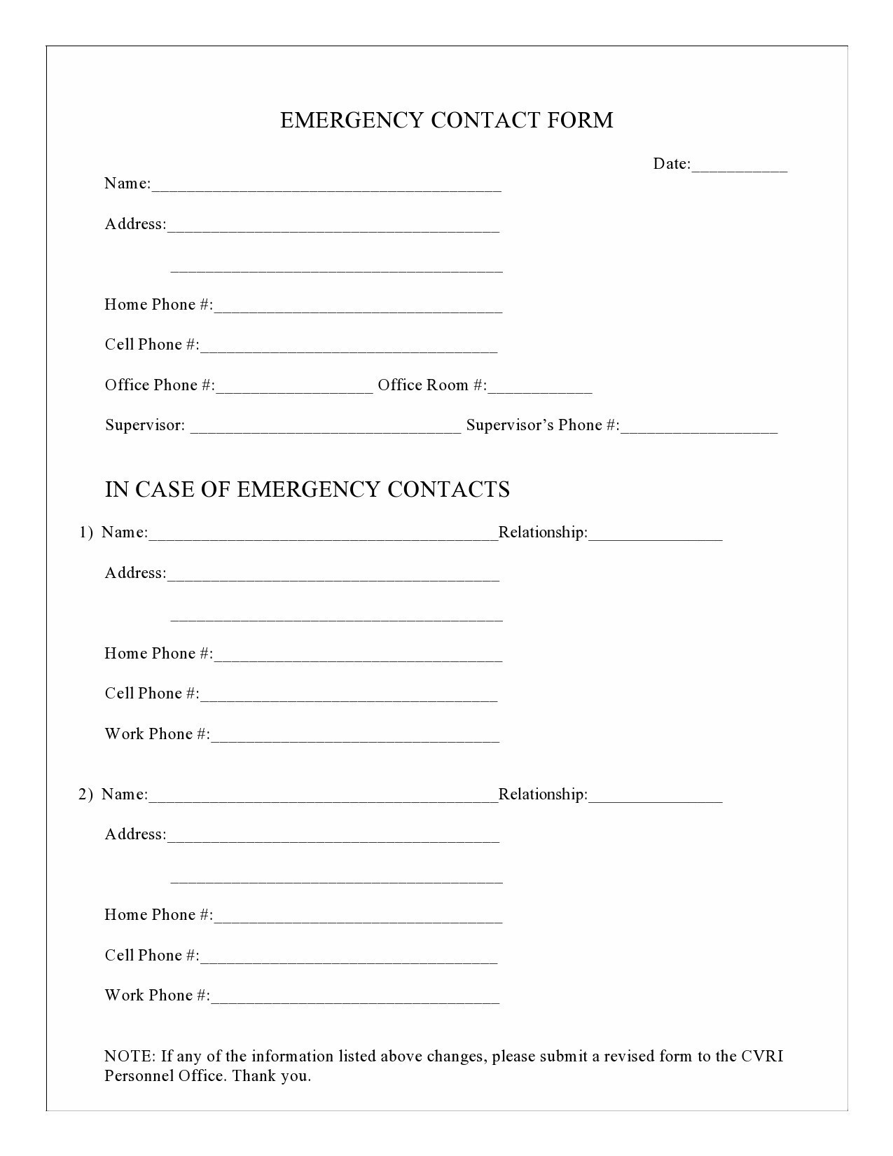 Printable Free Emergency Contact Card Template