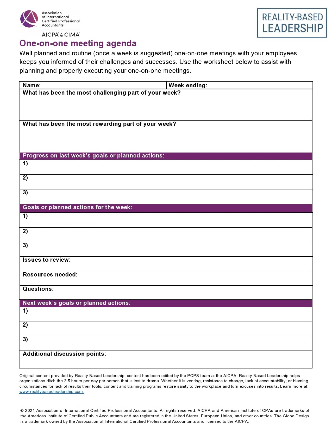 Printable Employee One-On-One Meeting Template