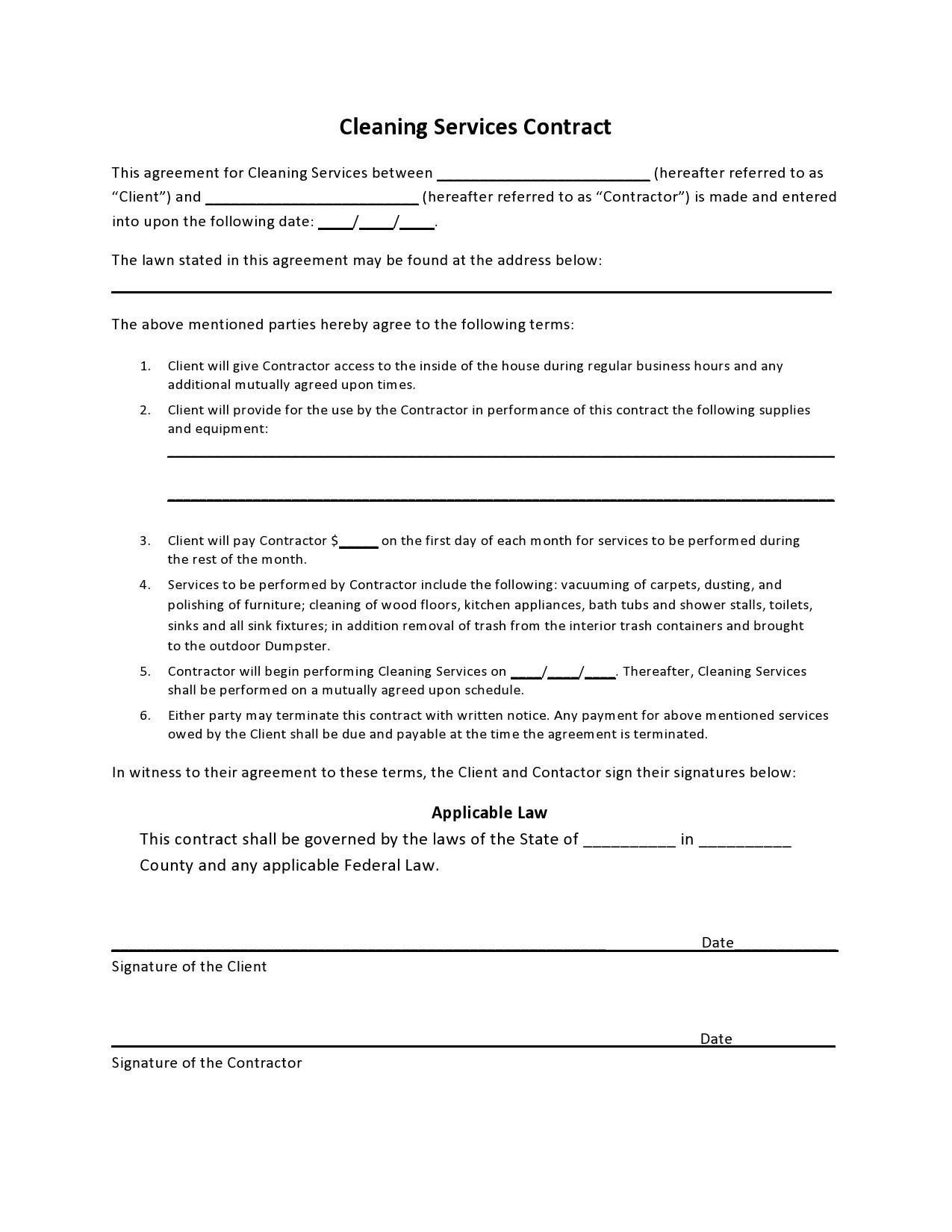 Free Printable Cleaning Contract Template Word