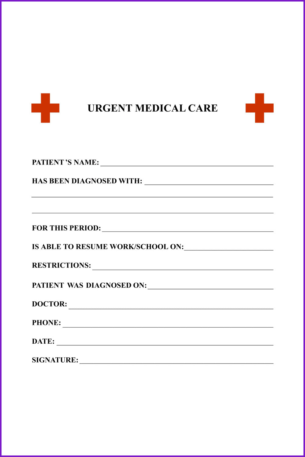 Printable Urgent Care Doctors Note Template