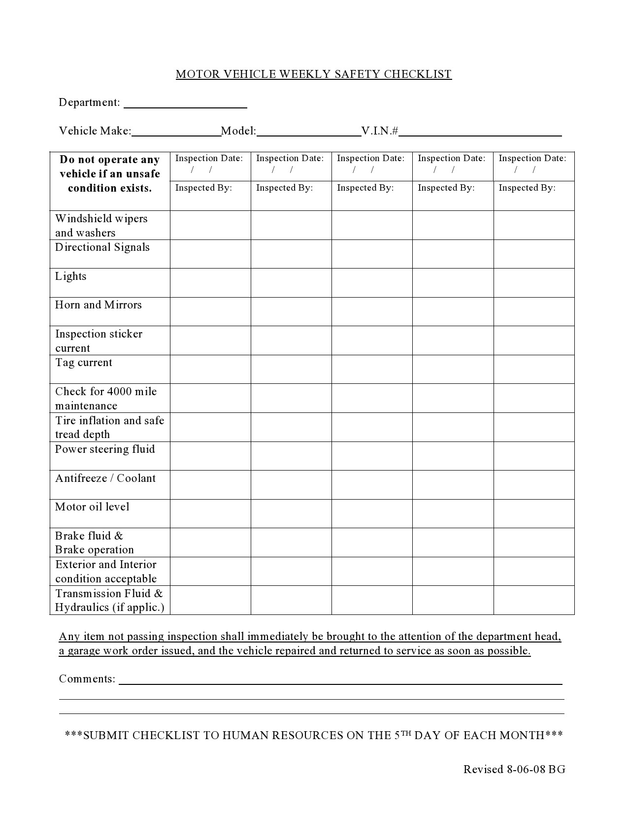Printable Daily Vehicle Inspection Checklist Template