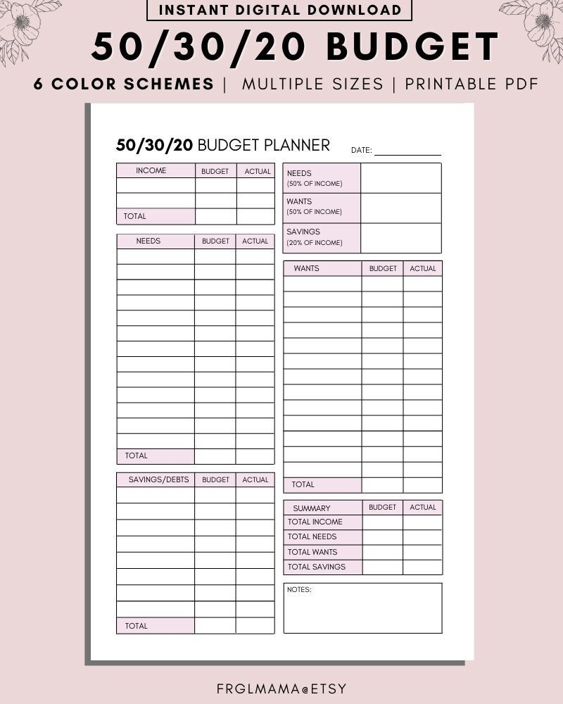 Free Printable 50/30/20 Budget Spreadsheet Template