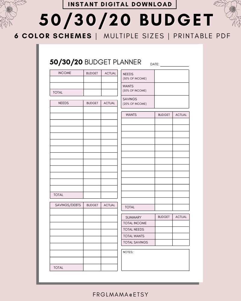 Printable 50/30/20 Budget Template