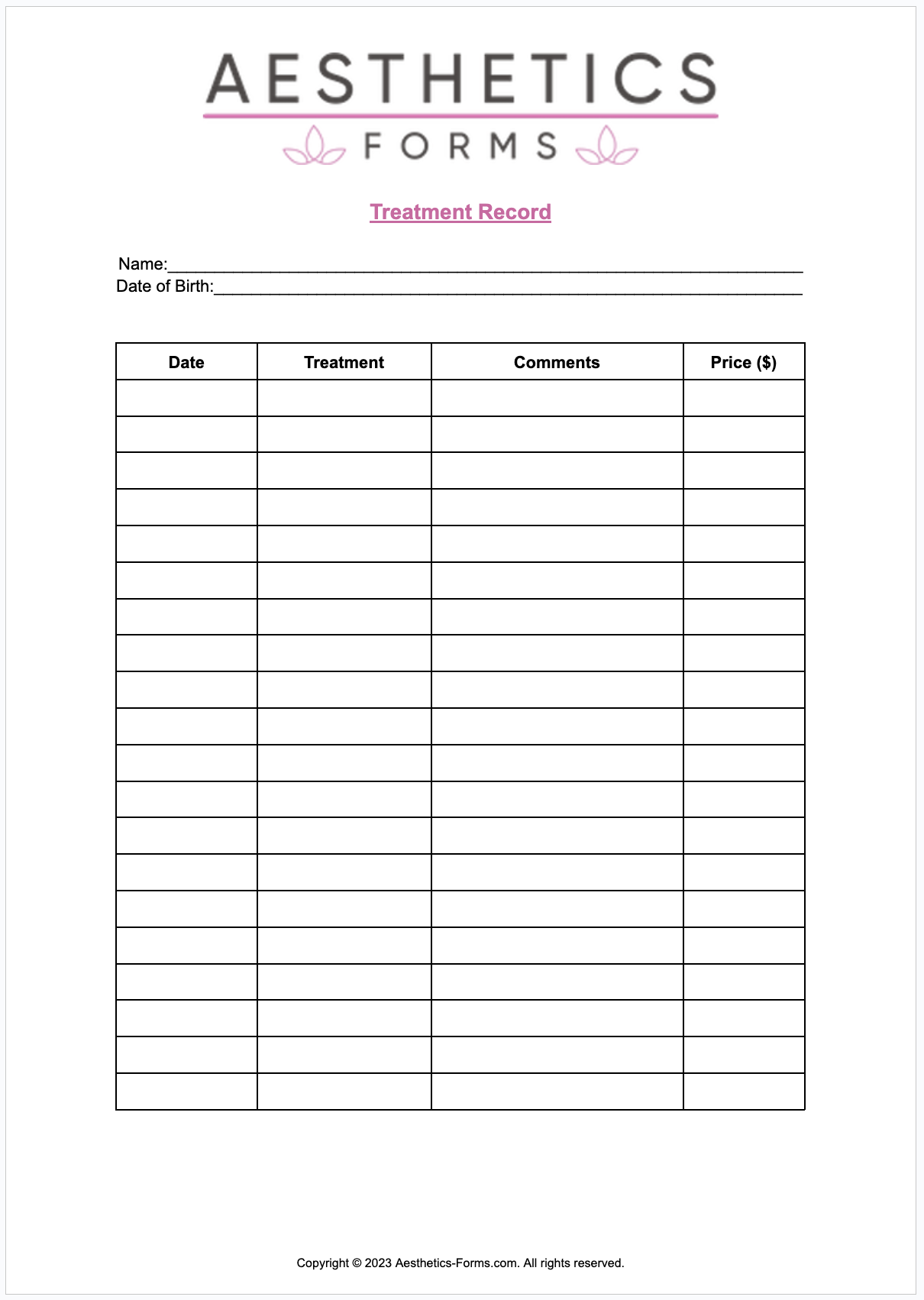 Printable Botox Treatment Record Template