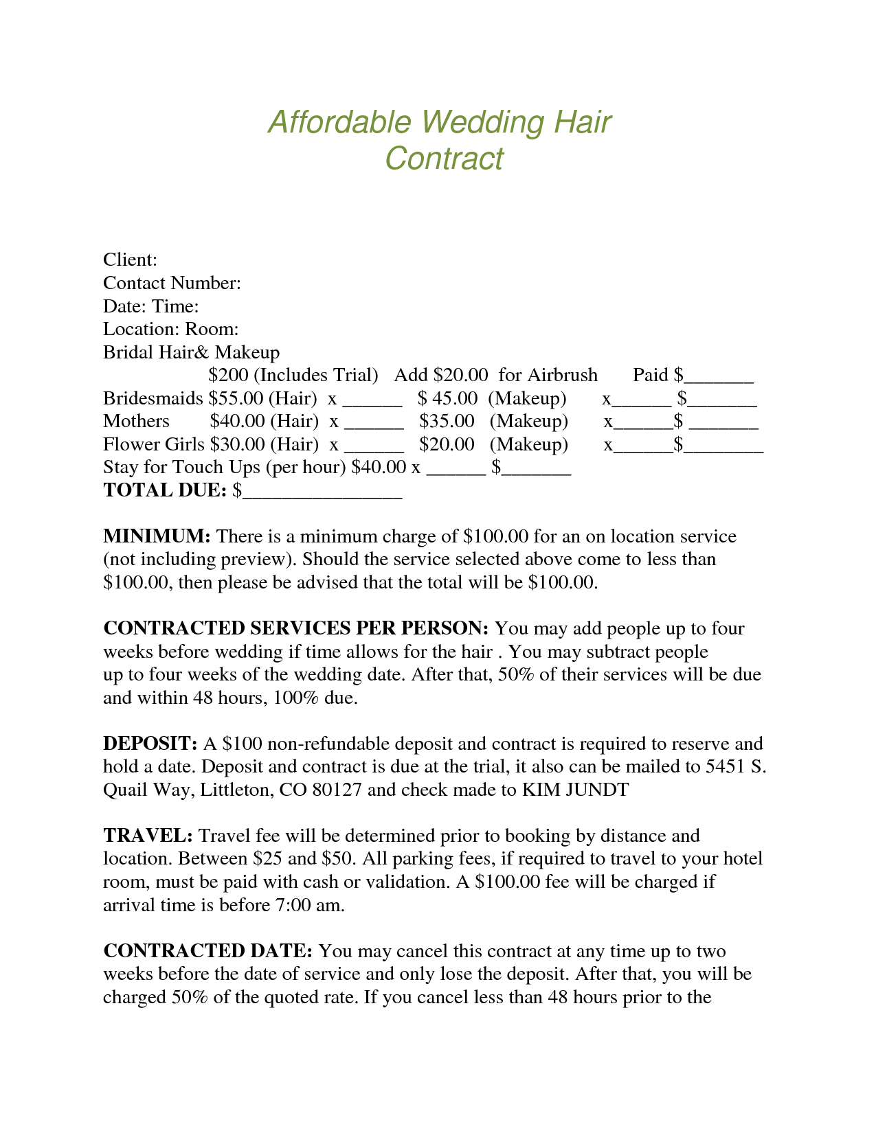 Printable Bridal Hair Contract Template