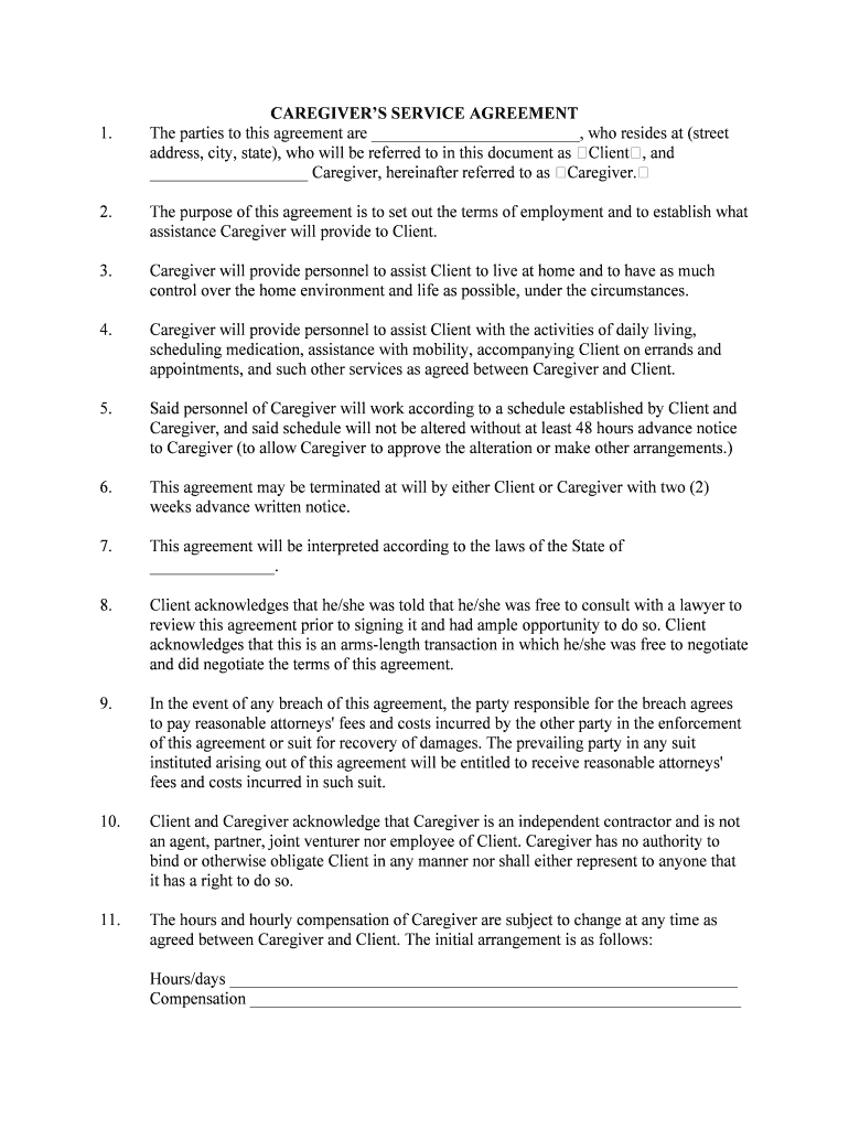 Printable Caregiver Contract Template