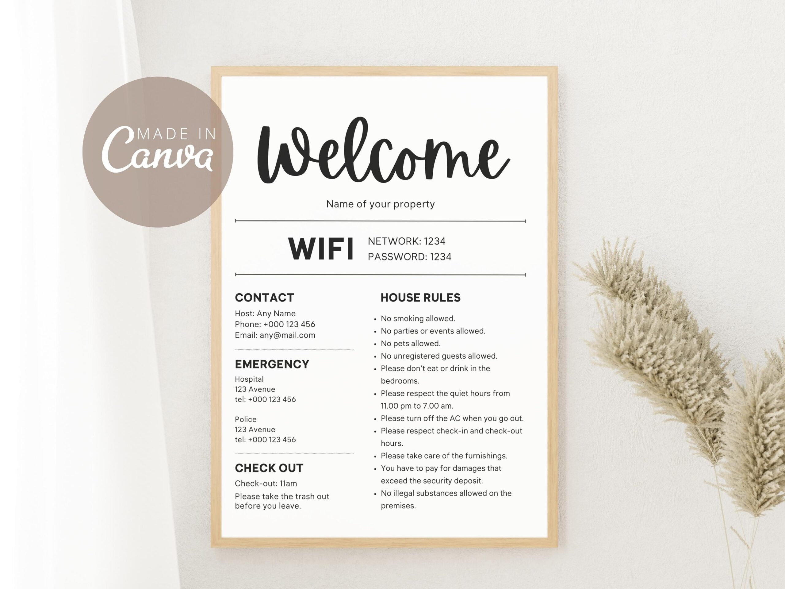 Airbnb 1 Page House Rules Editable Airbnb Welcome Sign Welcome Guide Canva Template Wifi Sign Template Check Out Instruction Sign Etsy