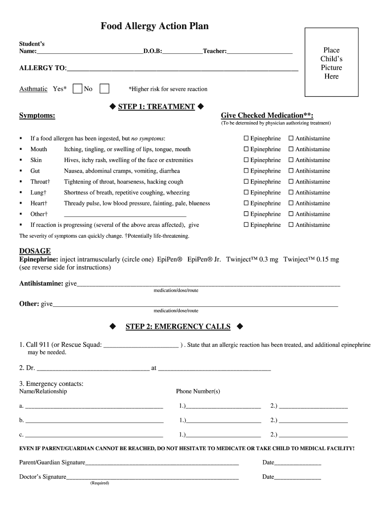 Allergy Action Plan Printable Fill Online Printable Fillable Blank PdfFiller