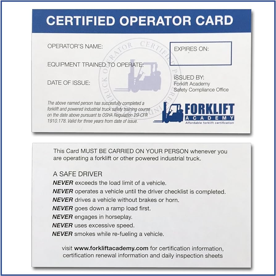 Printable Forklift Certification Wallet Card Template Free