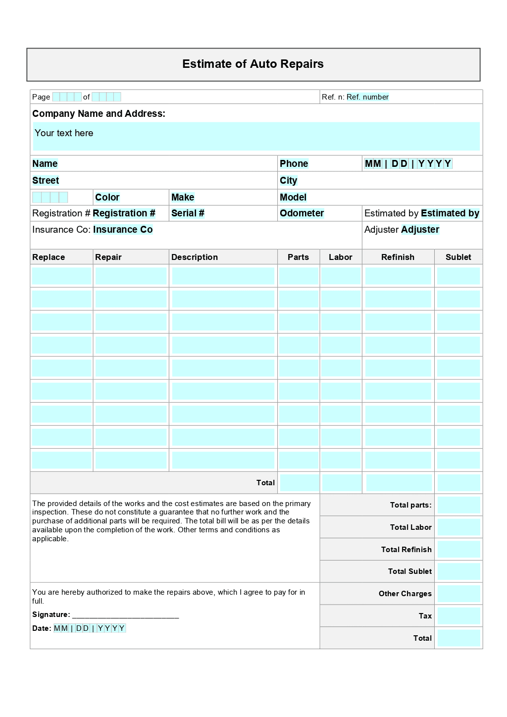 Auto Repair Estimate Template