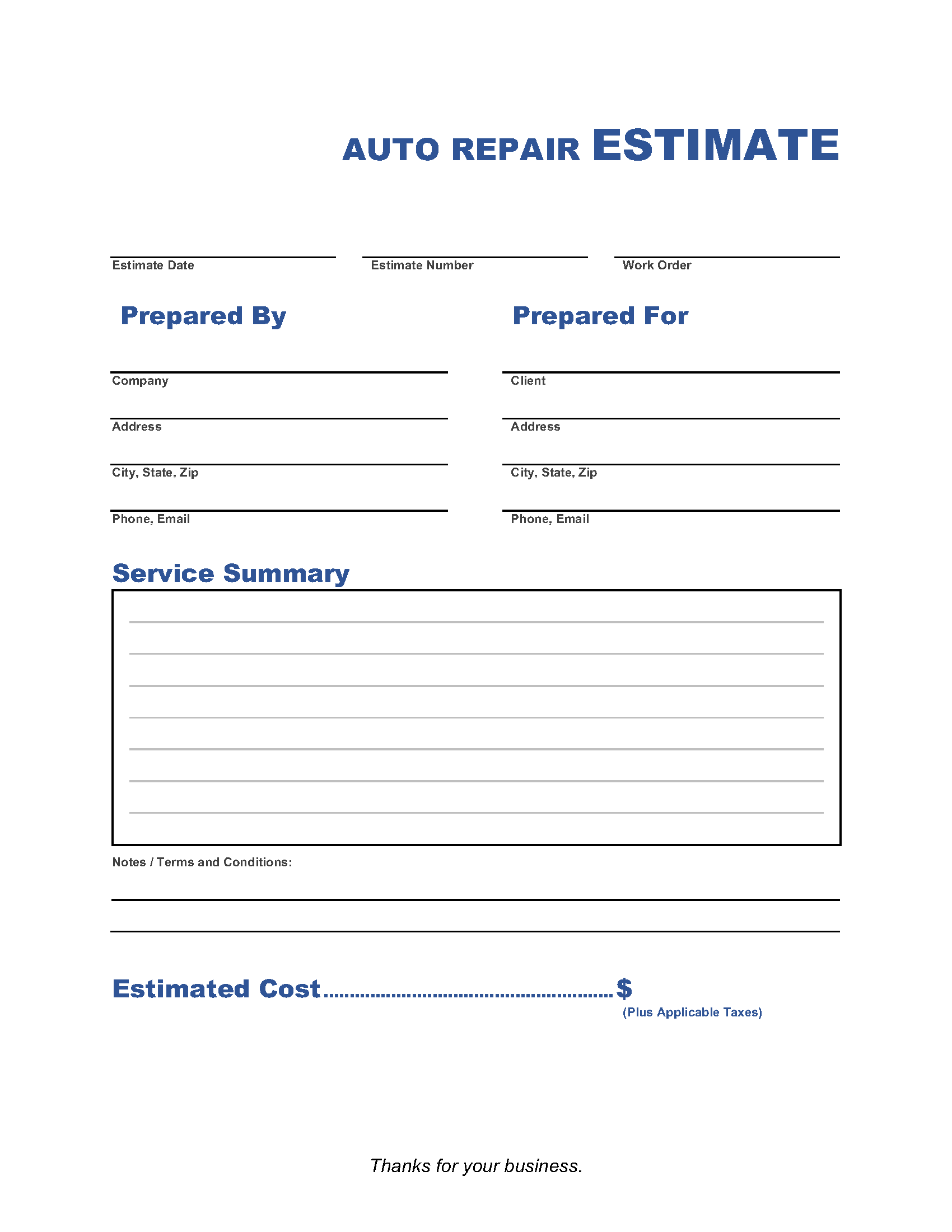 Printable Auto Repair Estimate Template