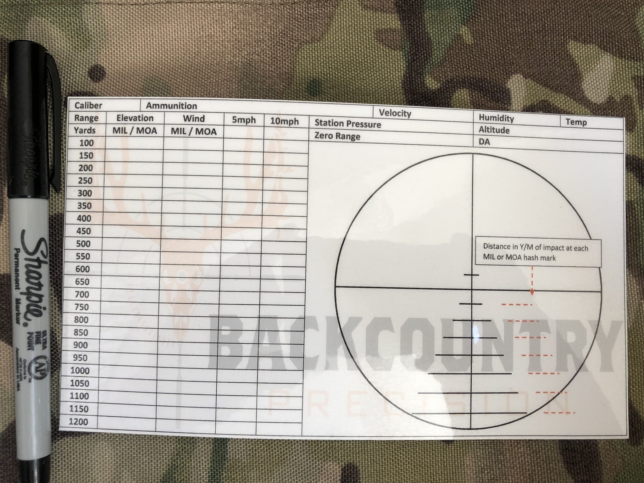 Ballistic D O P E Cards Backcountry Precision Long Range Hunting