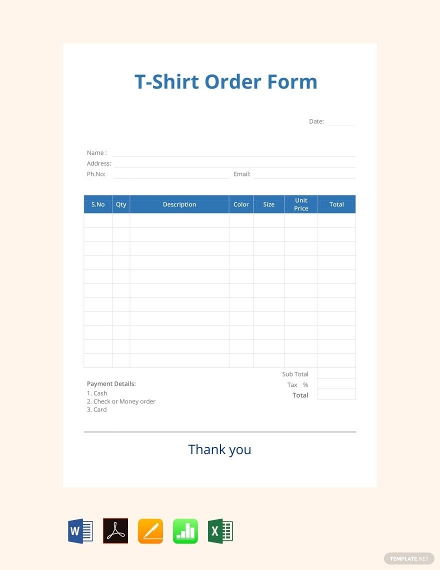 Blank T shirt Order Form Template In Word PDF Pages Numbers Excel Google Docs Google Sheets Download Template