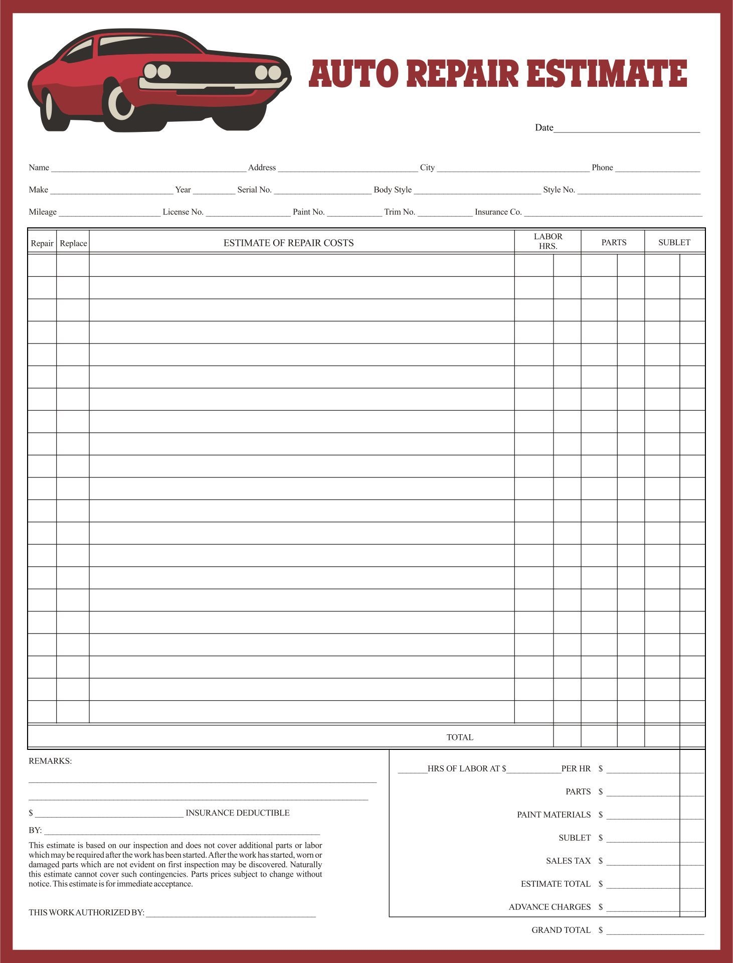 Body Shop Estimate Form Template Auto Body Repair Estimate Template Auto Body