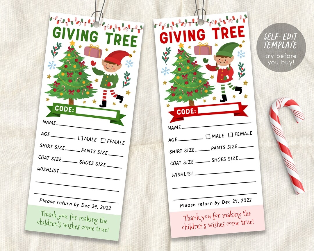 BOY And GIRL Elves Christmas Giving Tree Gift Tag Editable Template Donation Slip With Elf Printable Charity Community Event Church School Etsy