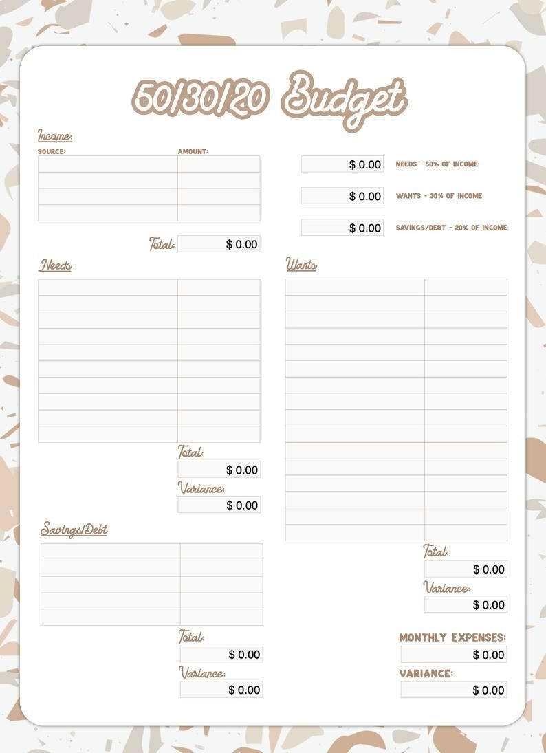 Free Printable 50/30/20 Budget Spreadsheet Template