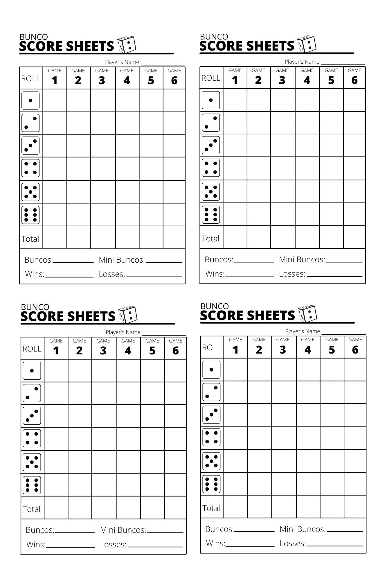 Printable Template Bunco Score Sheets