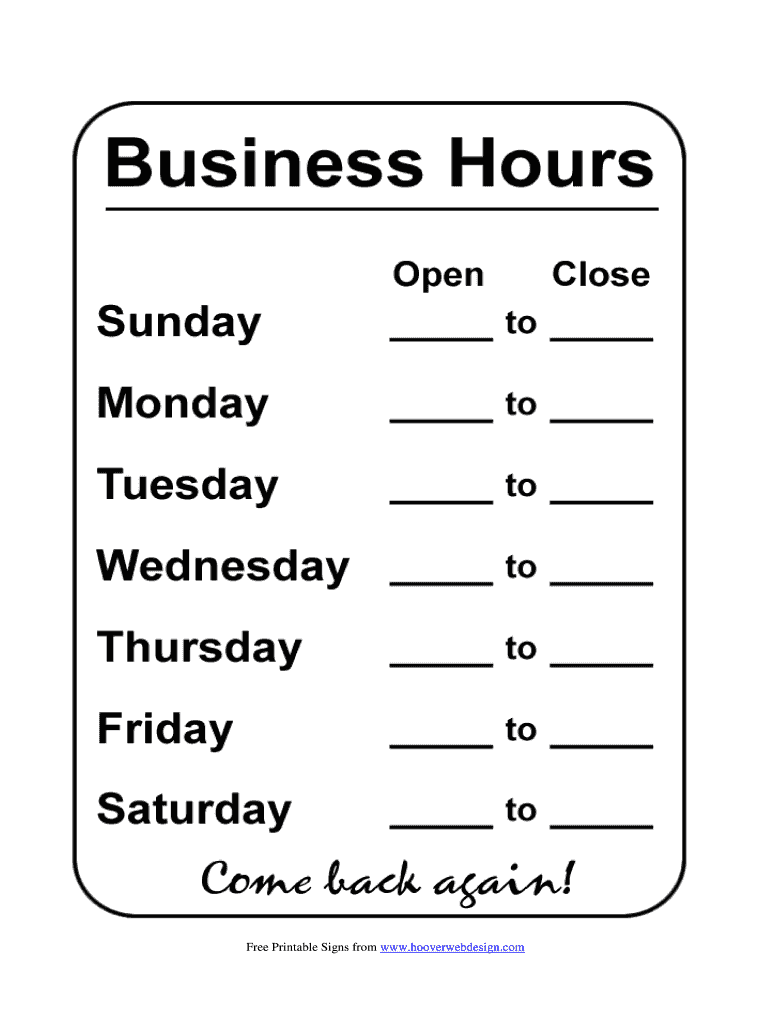 Business Hours Template Fill Online Printable Fillable Blank PdfFiller