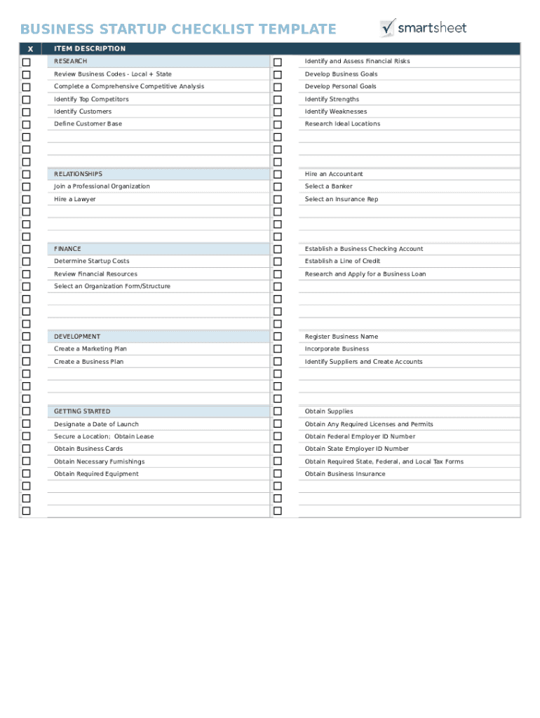 Business Startup Checklist Template Fill Online Printable Fillable Blank PdfFiller