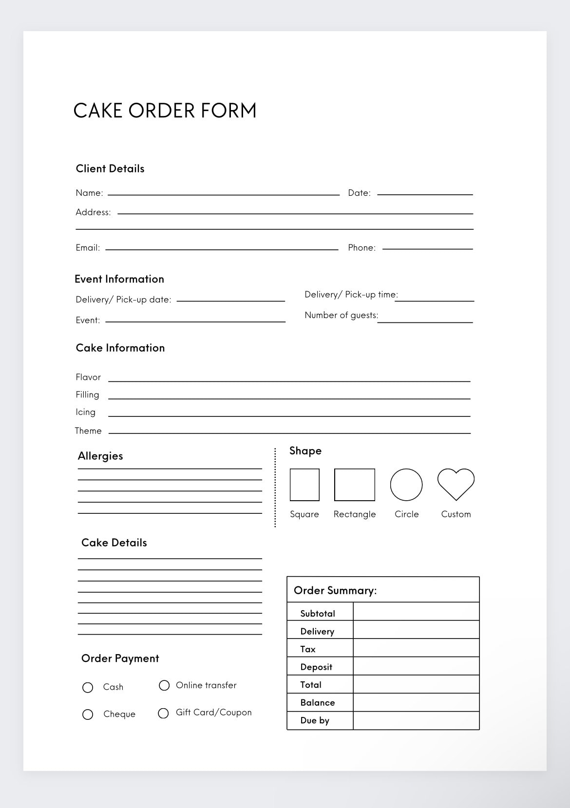 Cake Order Form bakery Cake Order Form craft Order Form small Business Form custom Cake Order Form business Invoice purchase Order Form Etsy