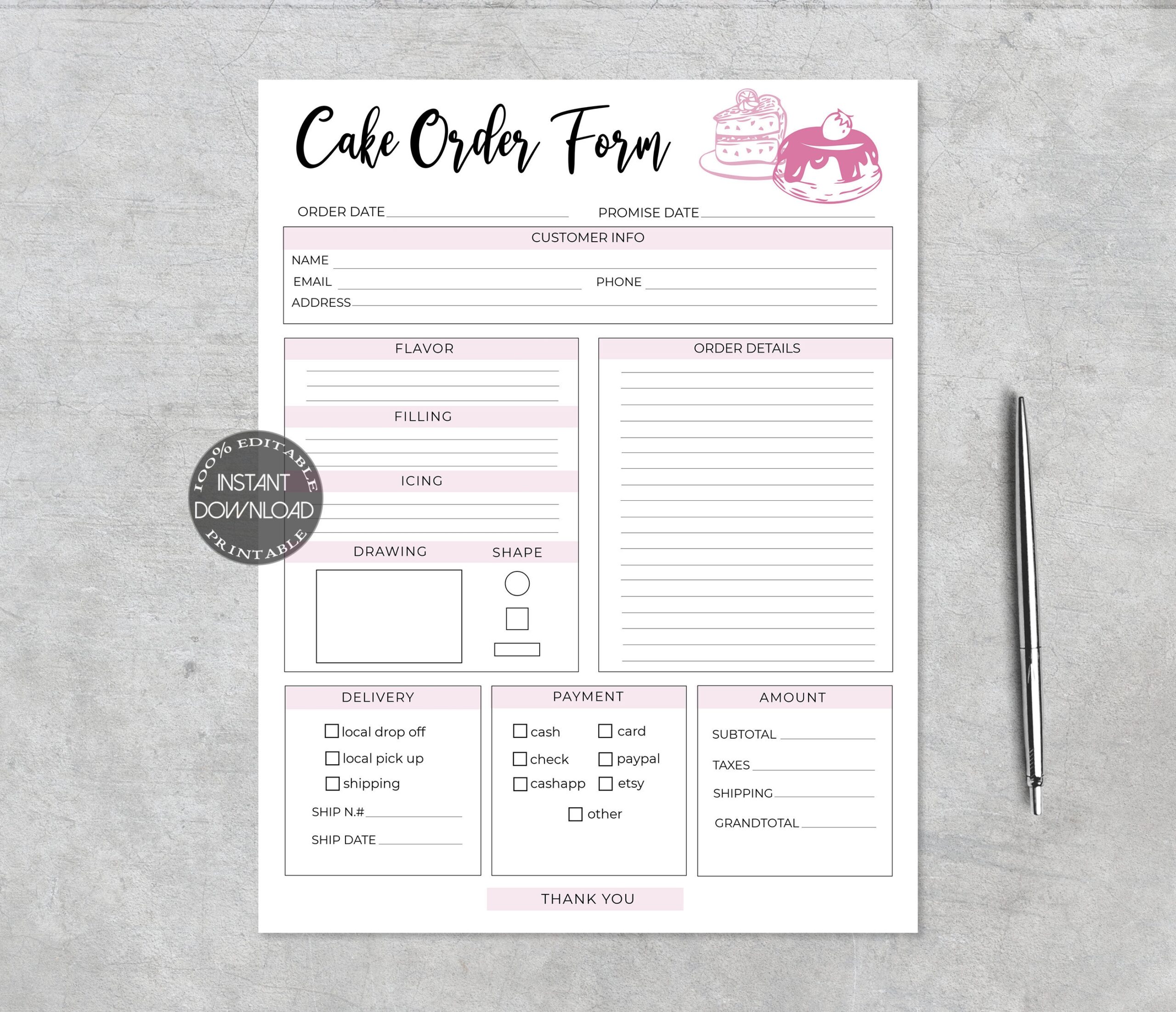 Blank Free Printable Cake Order Form Template