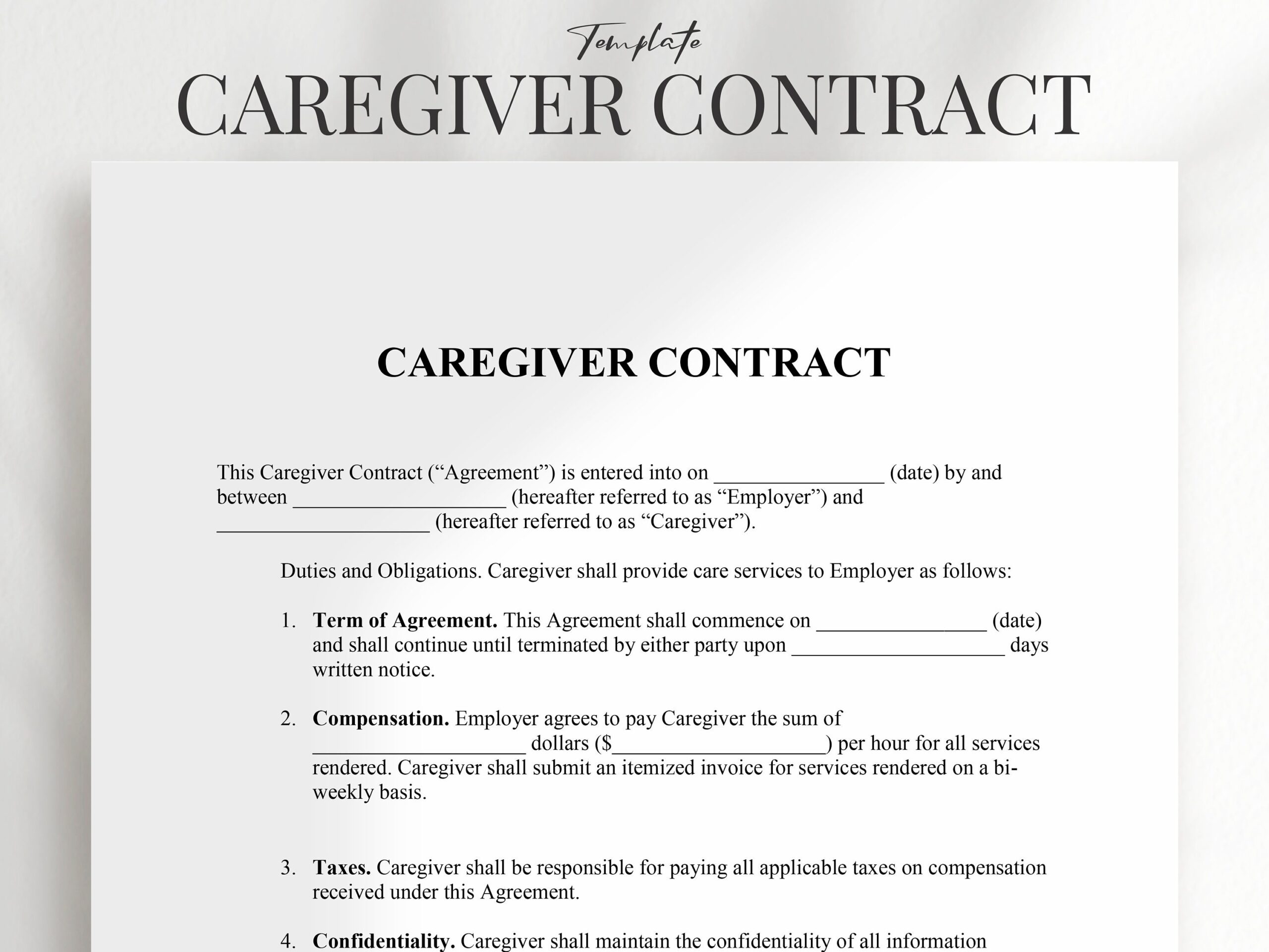 Caregiver Contract Caregiver Contract Template PDF Microsoft Word Etsy