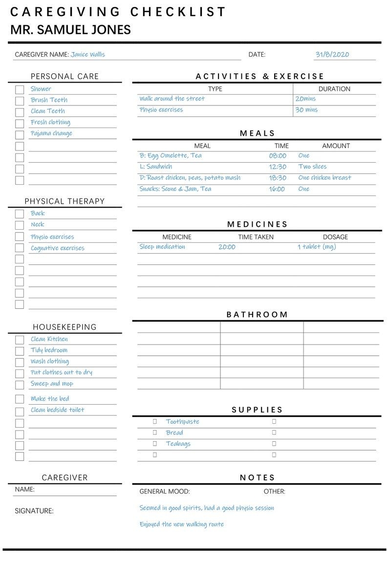 Printable Caregiver Daily Checklist Template