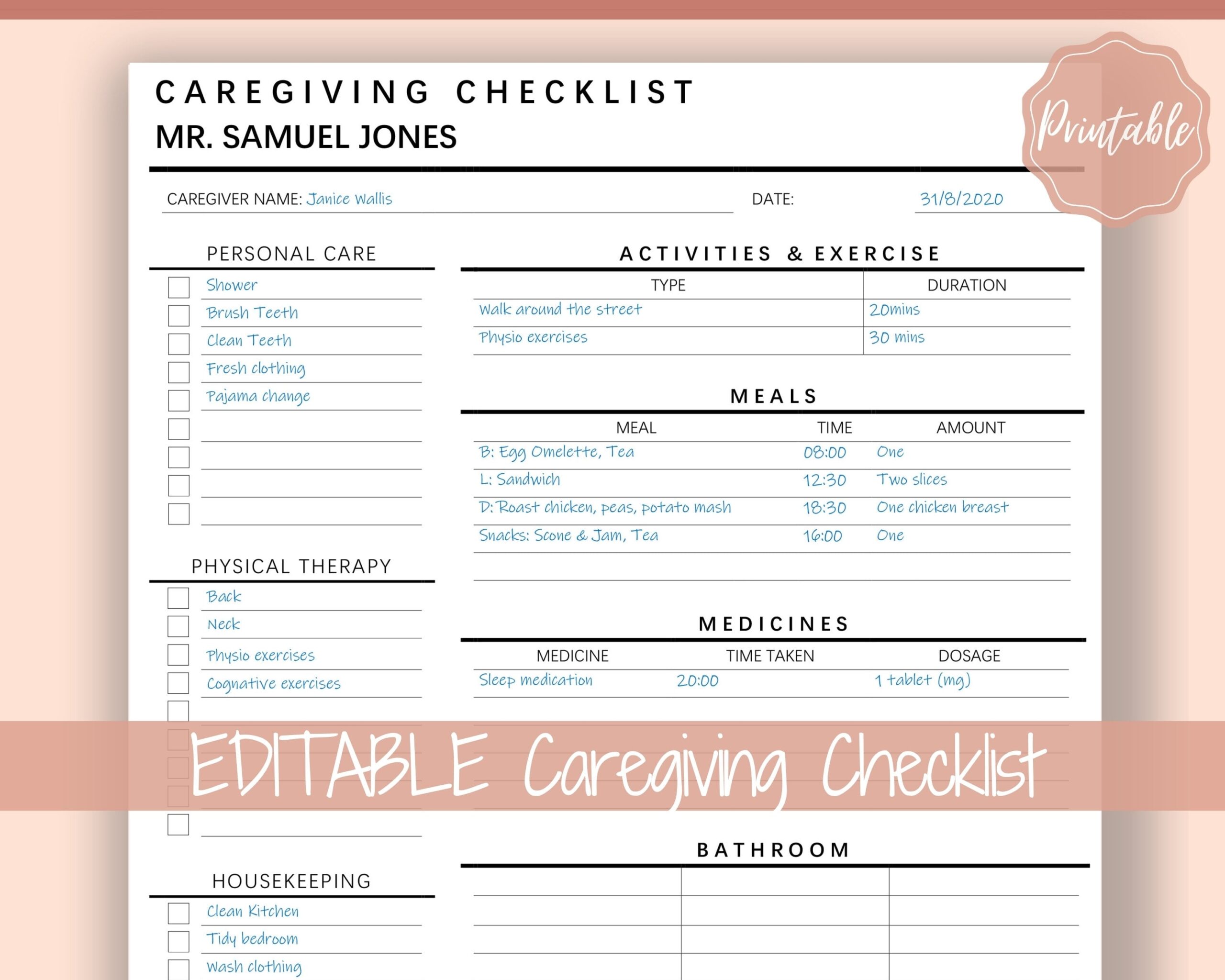 Caregiving Elderly Care Checklist EDITABLE Printable Is Ideal For Caregivers Daily Cleaning Daily Tasks Housekeeping Care Log Template Etsy