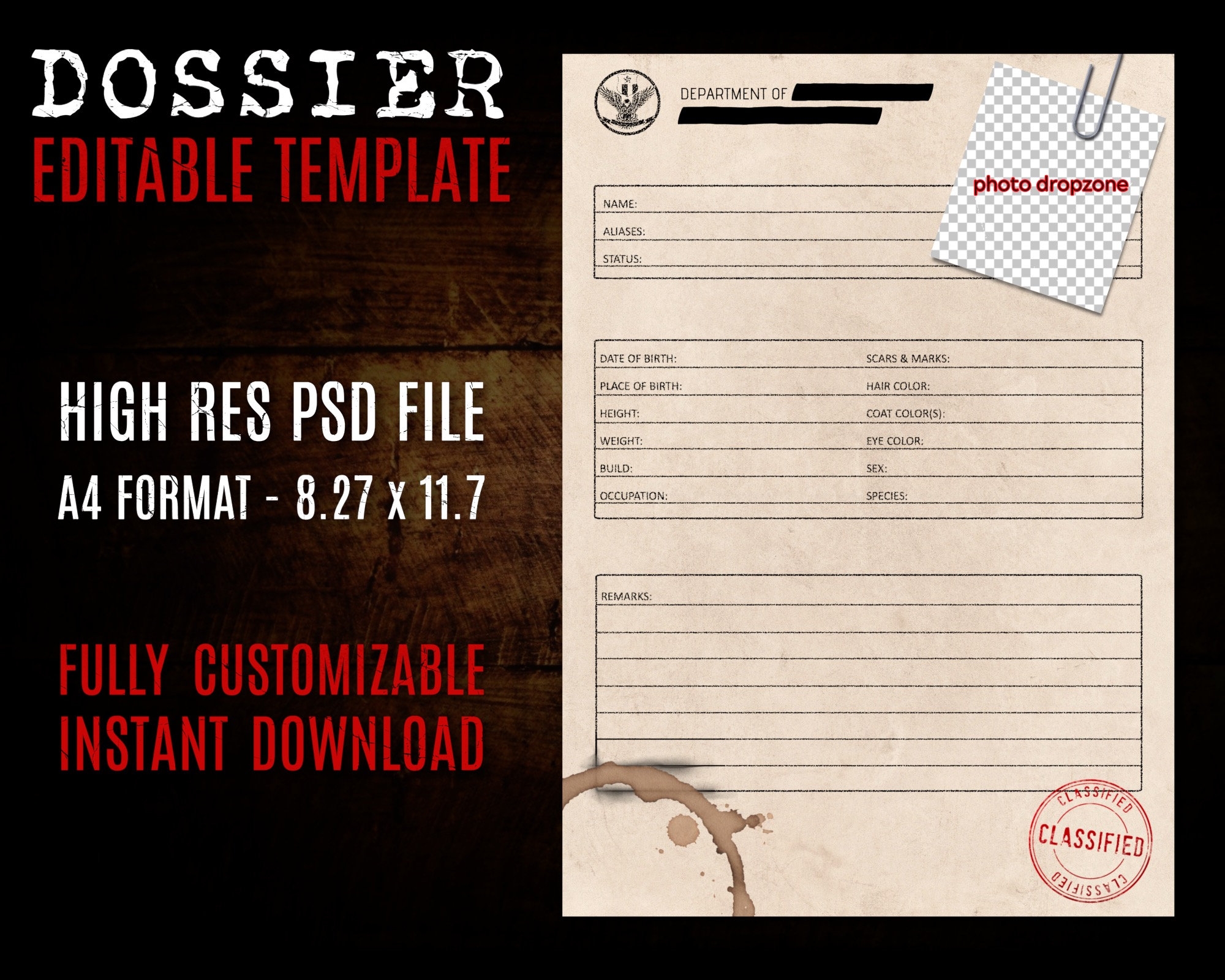 Case File Dossier Template Editable Vintage Style Distressed Stained Paper Texture Etsy Portugal
